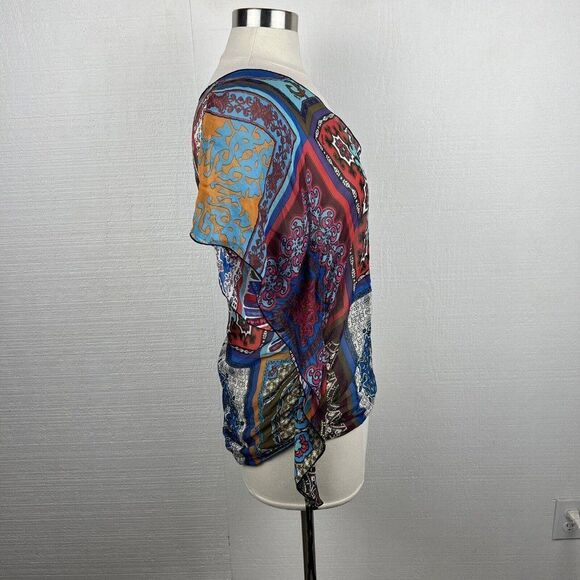 Hale Bob Blouse XS Womens Multicolor Print V Neck Silk Side Ties Semi Sheer - Picture 4 of 9